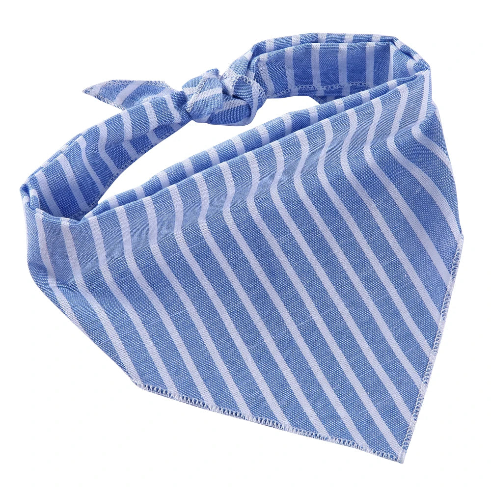 Blue and white striped cotton dog bandana with an adjustable tie