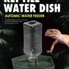 A clear water feeder dish with a feeding mechanism is placed on a green tray, next to a small lizard.