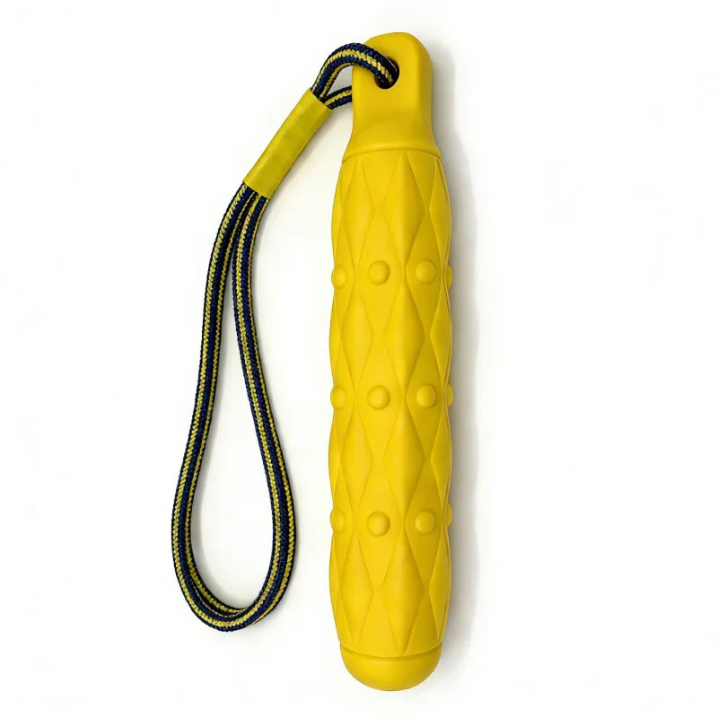 A bright yellow durable EVA chew toy for large dogs with a braided blue and yellow strap.