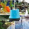 A blue submersible aquarium water pump is shown in various contexts, including a fish tank and a garden fountain.