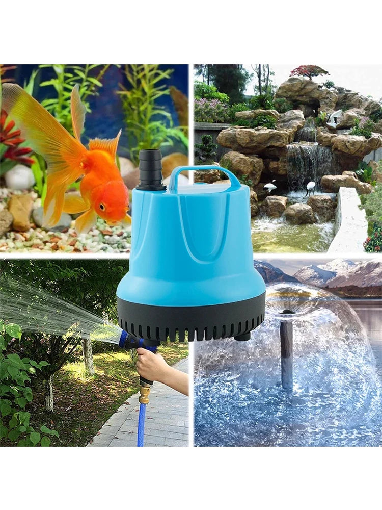 A blue submersible aquarium water pump is shown in various contexts, including a fish tank and a garden fountain.