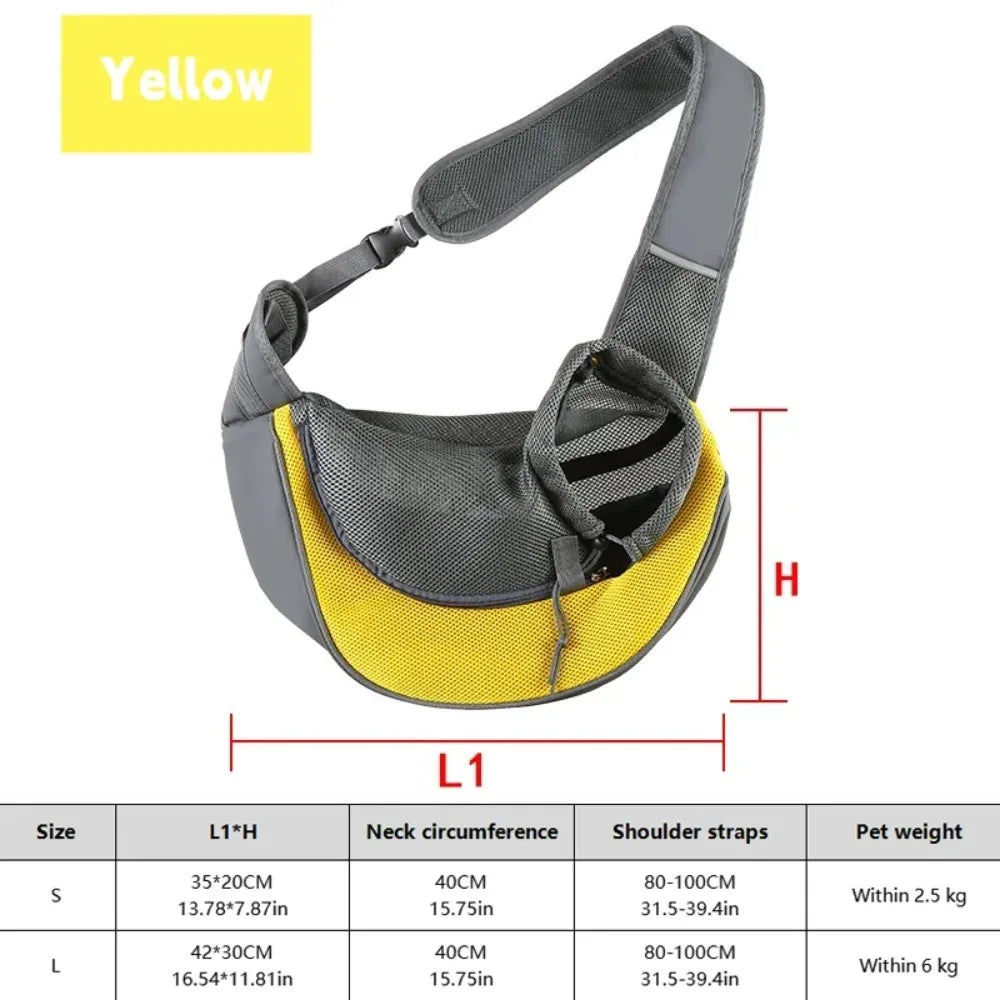Yellow pet carrier sling bag for dogs and cats shown with size specifications
