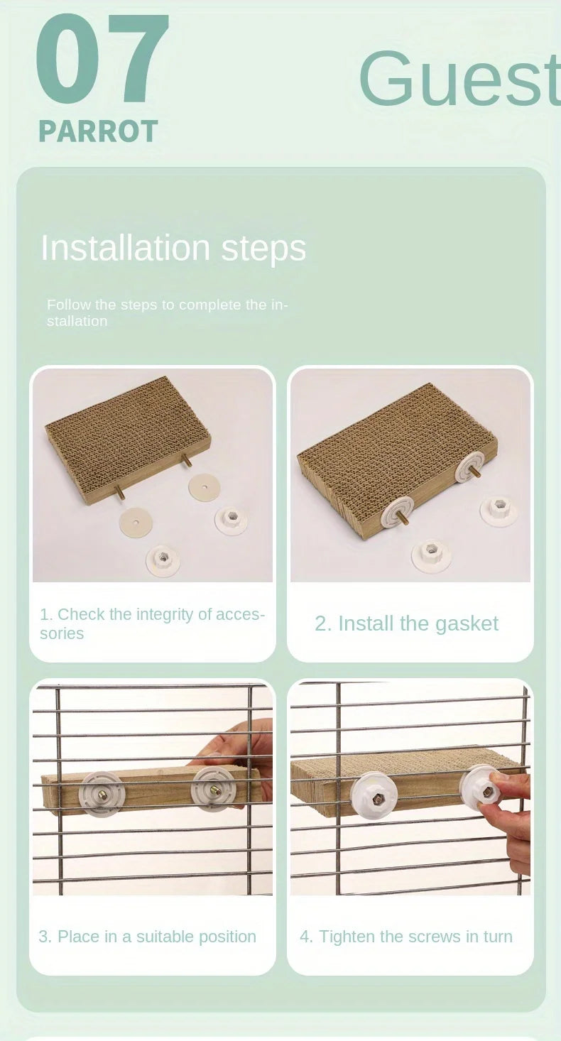 Installation steps for a parrot perch, showing how to check integrity, install the gasket, place it, and tighten the screws.