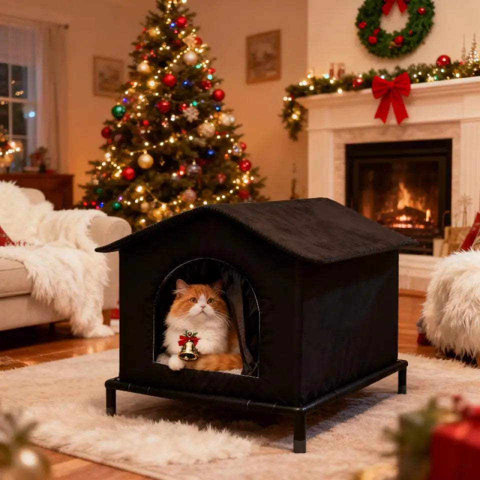 A black heated outdoor cat shelter with an arched entrance sits on a light rug in a living room setting.
