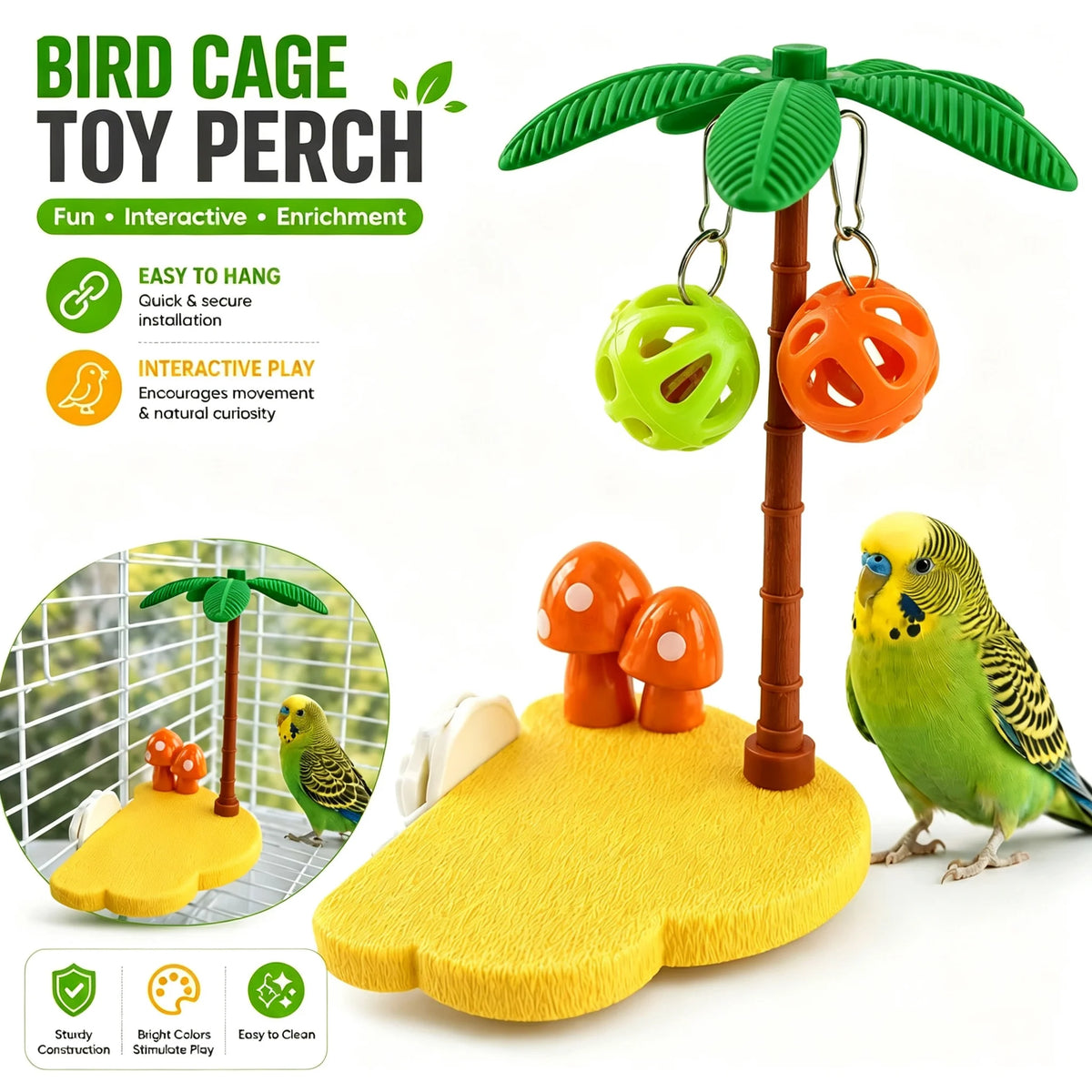 A green tropical bird cage toy perch with hanging balls and a yellow play mat for birds