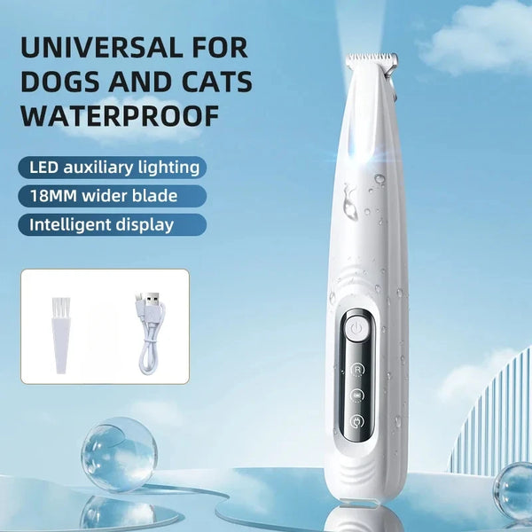 A white portable pet hair trimmer with an intelligent display and LED lighting is shown against a light blue background.