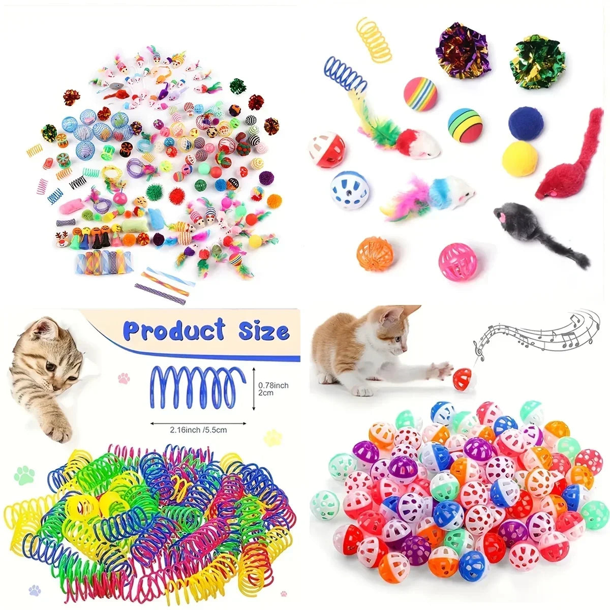 A large bundle of mixed cat play toys including balls, string toys, and various colorful items.