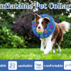 Un perro marrón y blanco lleva un collar inflable azul con un juguete verde, de pie en un entorno exterior de césped.