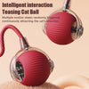 A red silicone cat ball toy with a clear glass attachment is shown against a light background.
