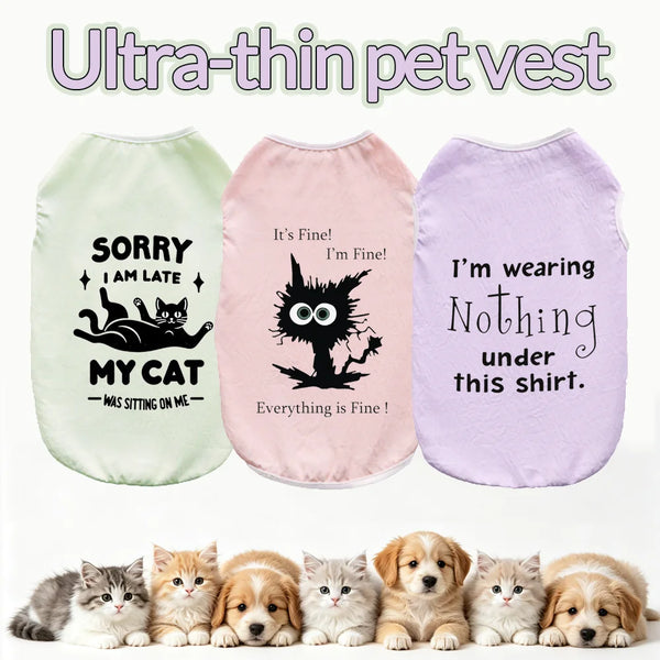 Three ultra-thin pet vests featuring funny cat and dog prints in green, pink, and purple.