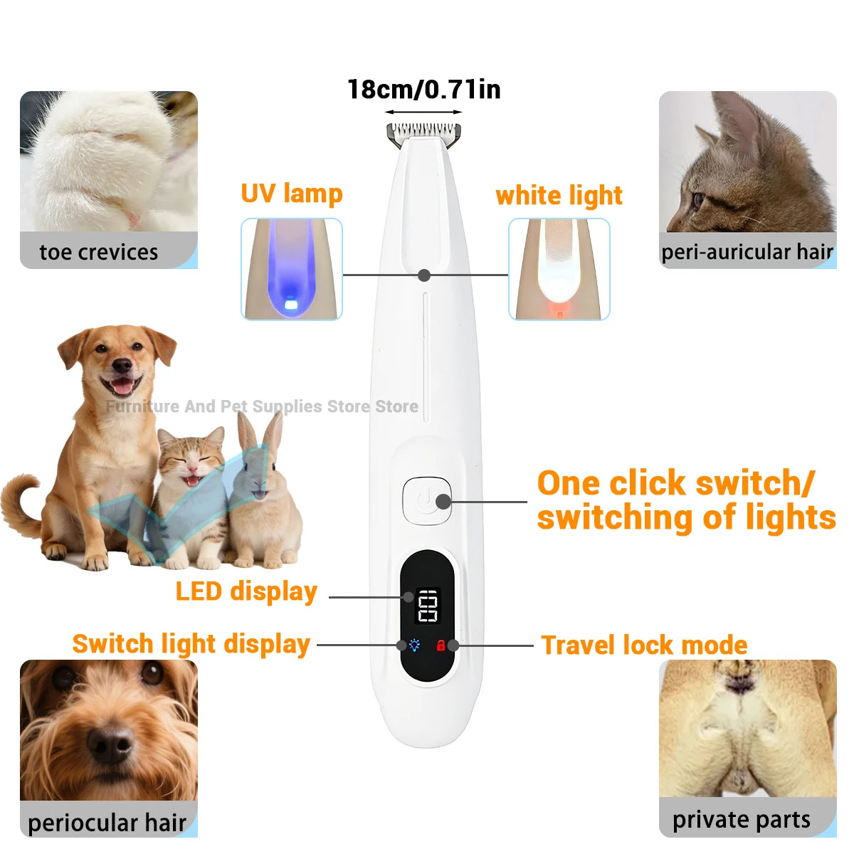 Cortador de pelo para mascotas blanco con lámpara UV, luz blanca, pantalla LED y un interruptor para cambiar las luces.