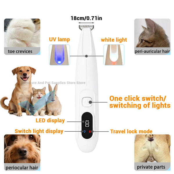 Cortador de pelo para mascotas blanco con lámpara UV, luz blanca, pantalla LED y un interruptor para cambiar las luces.