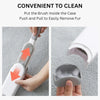 A hand is shown pushing and pulling a brush inside its case to easily remove fur.