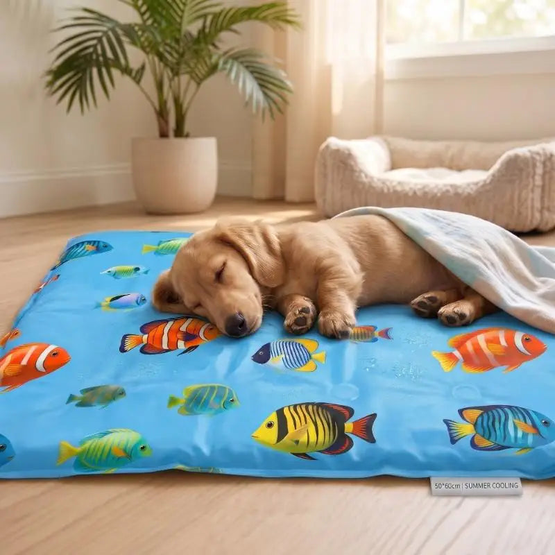 A golden retriever puppy is lying on a blue pet mat decorated with colorful fish, used as a self-cooling pet mat.