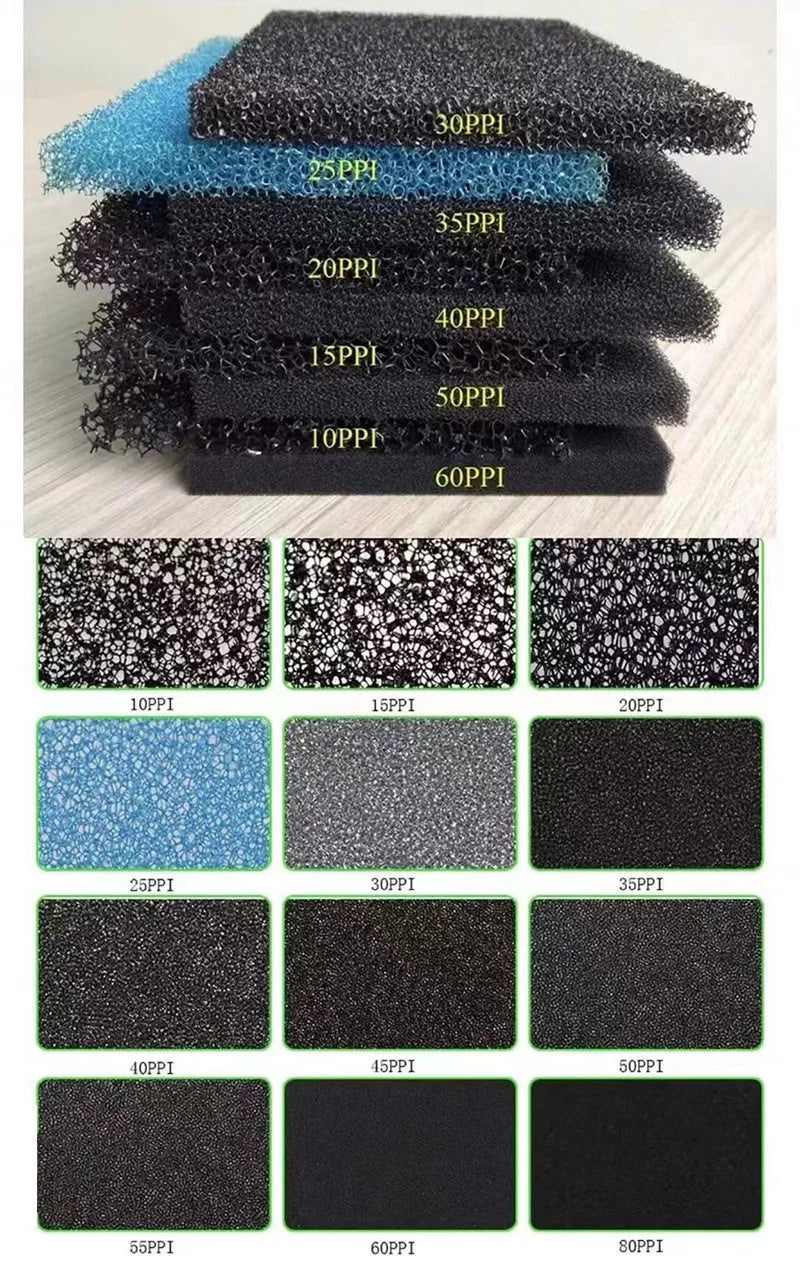 A collection of black and blue aquarium sponge filters labeled with different pore sizes ranging from 10PPI to 60PPI.