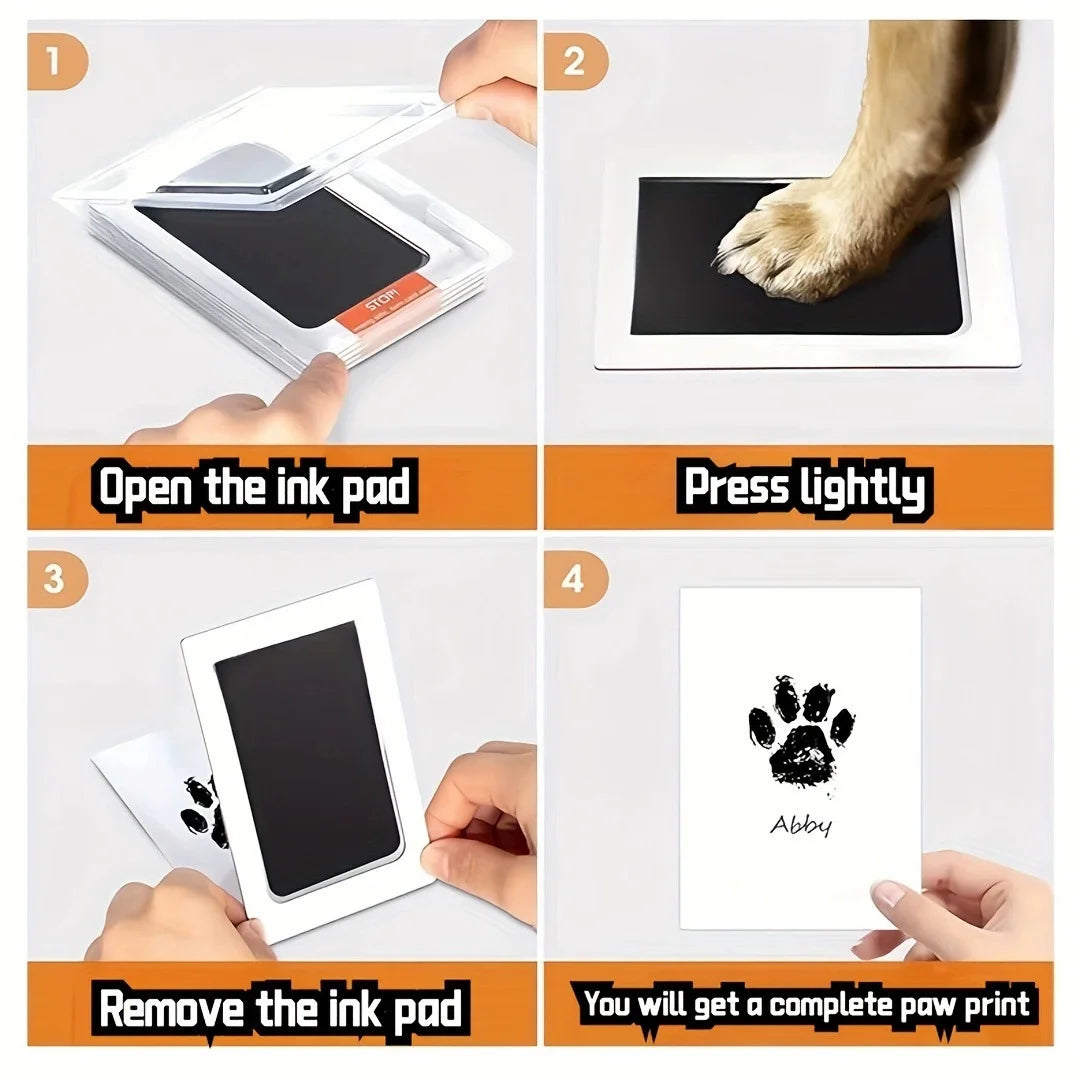 Instructions show how to use the Pet Paw Print Keepsake Kit by opening, pressing, and removing the ink pad to create a paw pr