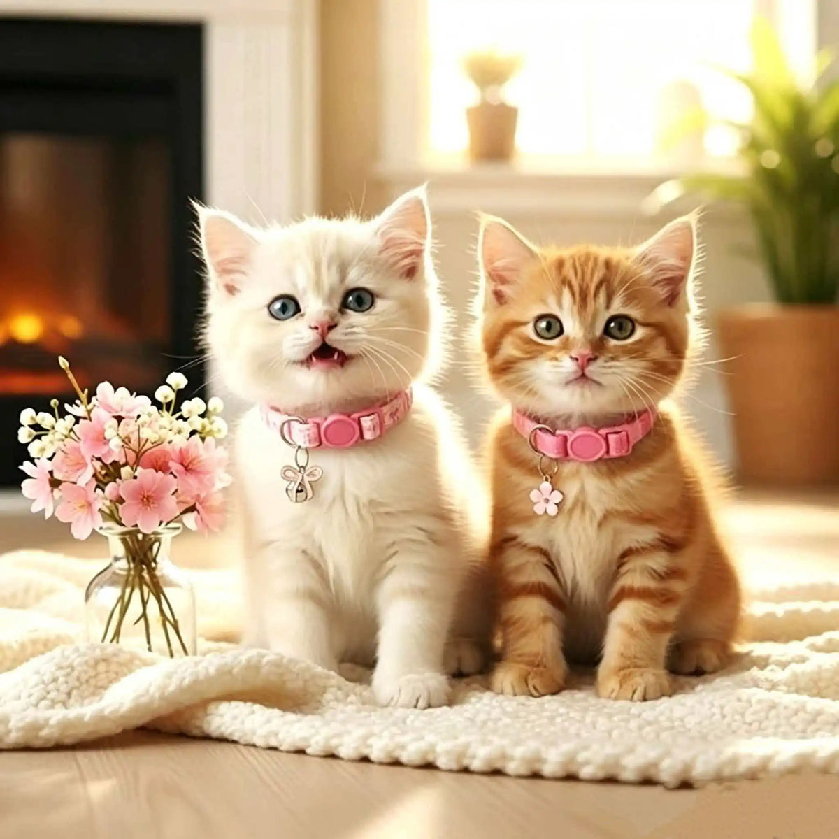 Two kittens, one white and one orange tabby, wearing aesthetic pink collars with bow pendants.