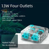 A clear plastic aquarium air pump with four outlets is shown on a white surface.