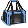 A light blue portable pet carrier bag with black straps and mesh window.