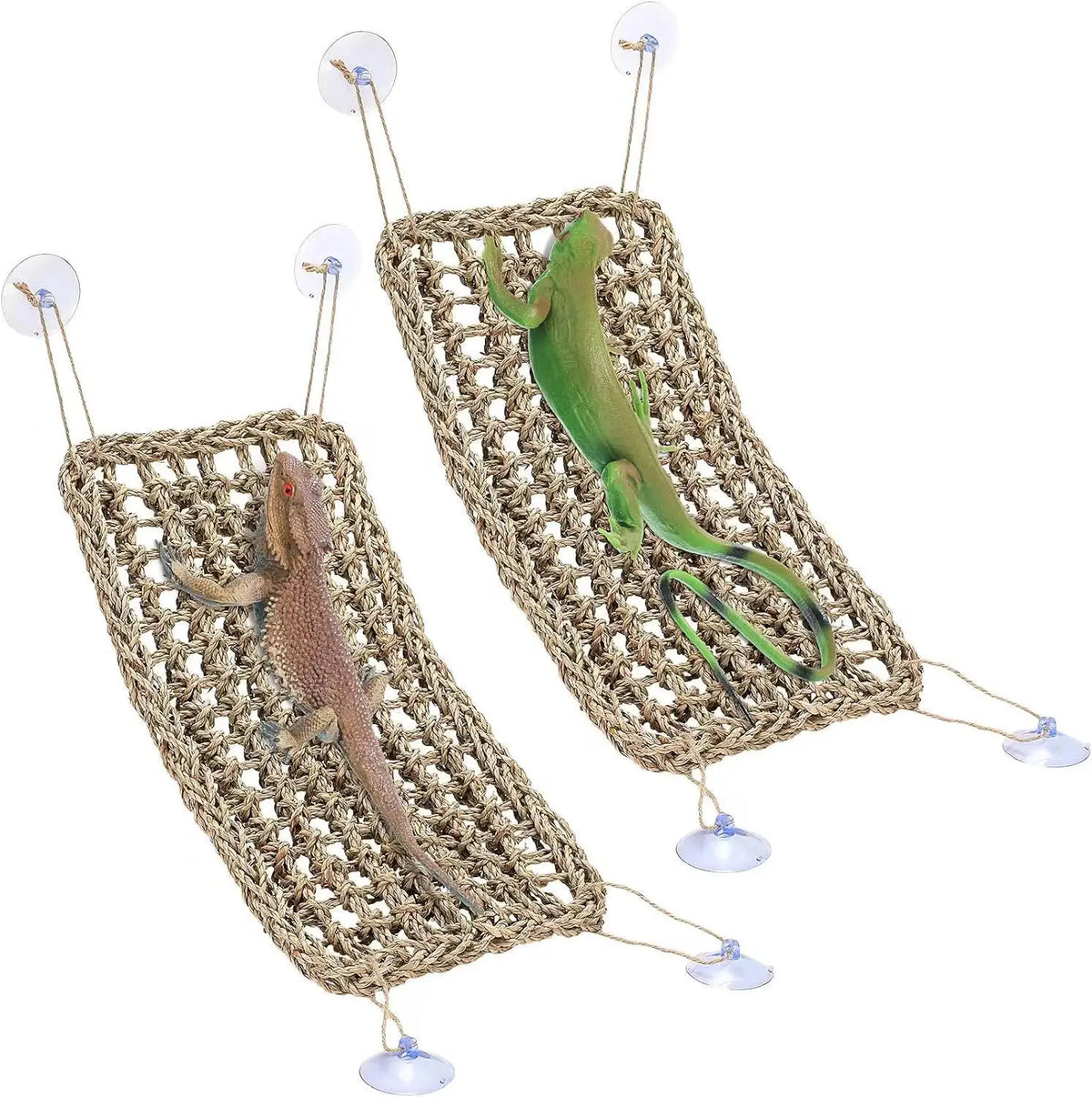 Transat à dossier tissé en fibre naturelle pour reptiles, avec un lézard ou un serpent vert à l'intérieur.