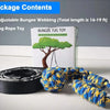A box showing a yellow and blue bungee tug toy rope coiled on a white surface.