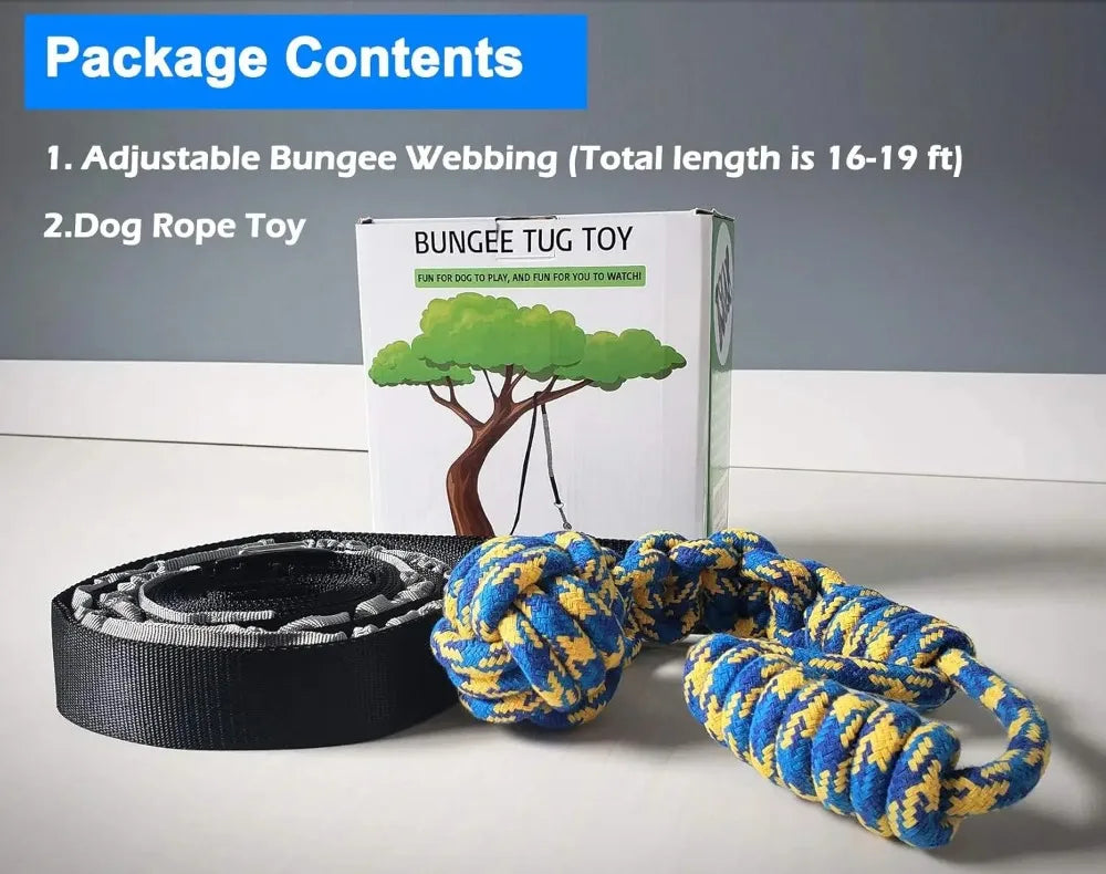 A box showing a yellow and blue bungee tug toy rope coiled on a white surface.