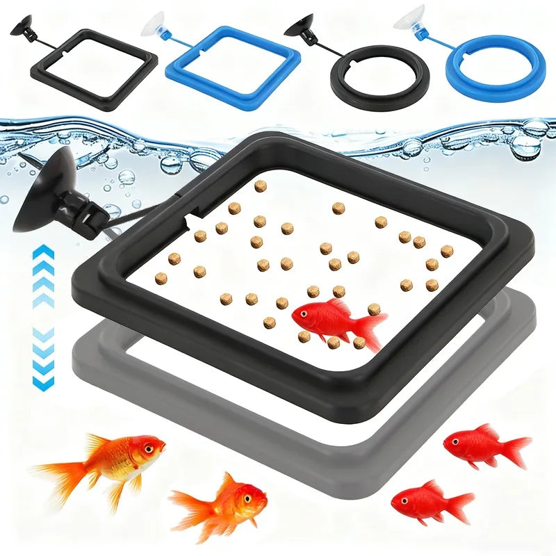 A black feeding ring with suction cups is shown alongside various blue and black rings, demonstrating its use for feeding fis