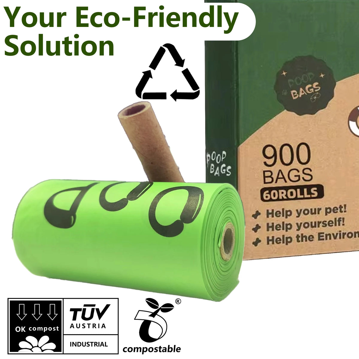 A roll of lime green compostable dog waste bags with a cardboard box and certification logos.