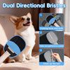 A dog is shown using dual directional bristles on its fur, demonstrating hair removal and grooming functions.