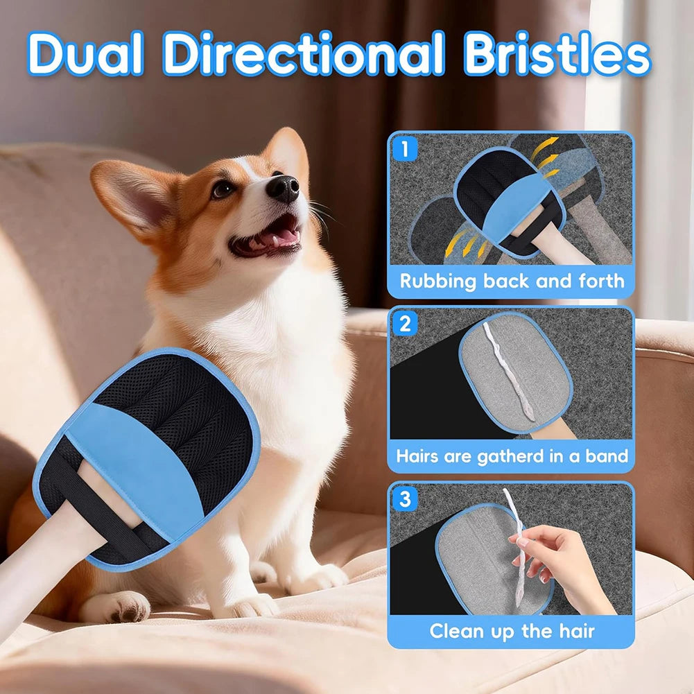 A dog is shown using dual directional bristles on its fur, demonstrating hair removal and grooming functions.