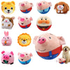 A collection of various plush animal toys including a tiger, a dog, a pig, and other cute pets.