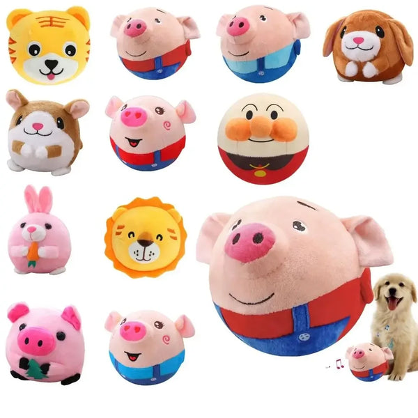A collection of various plush animal toys including a tiger, a dog, a pig, and other cute pets.