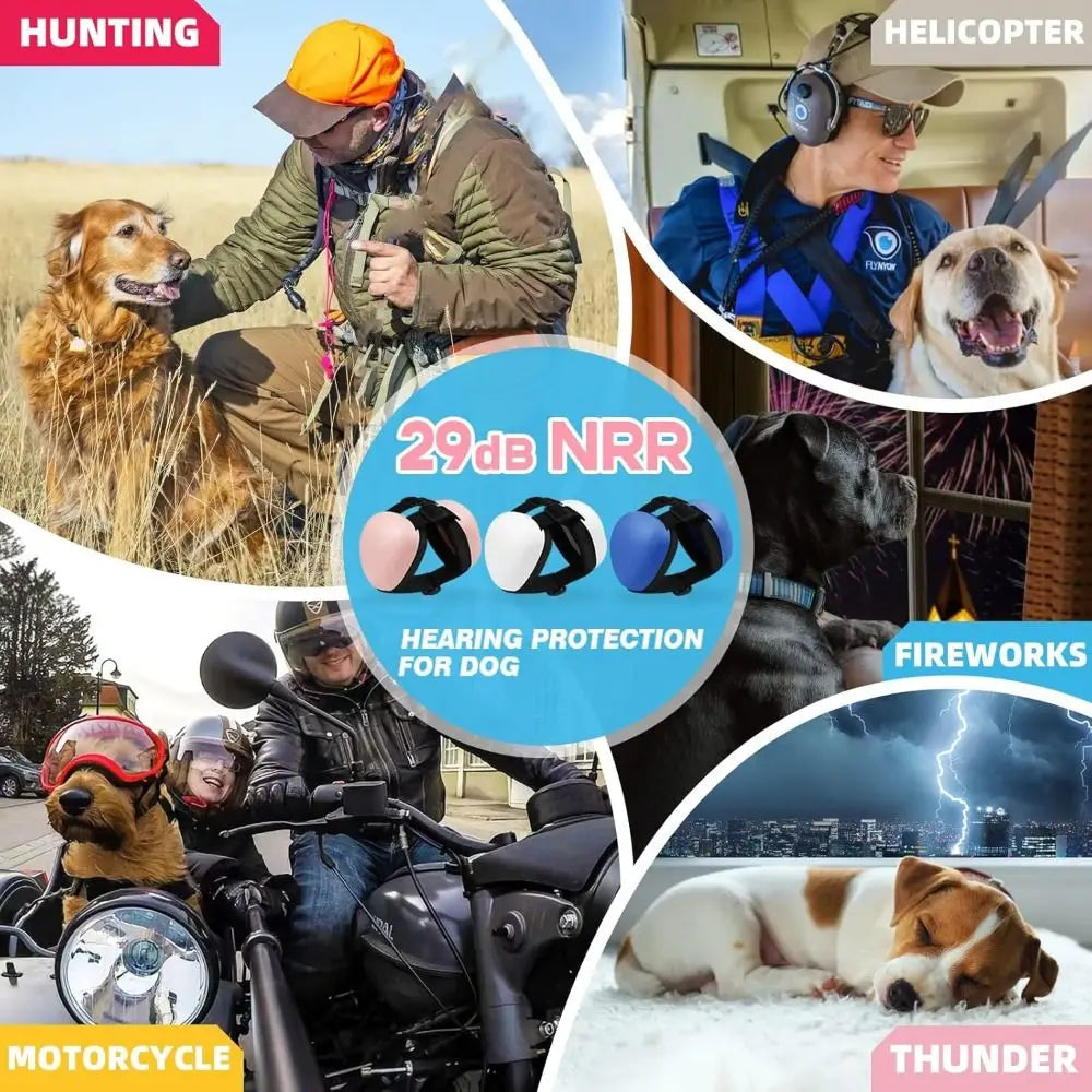 A collage showing various noise protection products for dogs including hunting gear, hearing protection muffs, and motorcycle