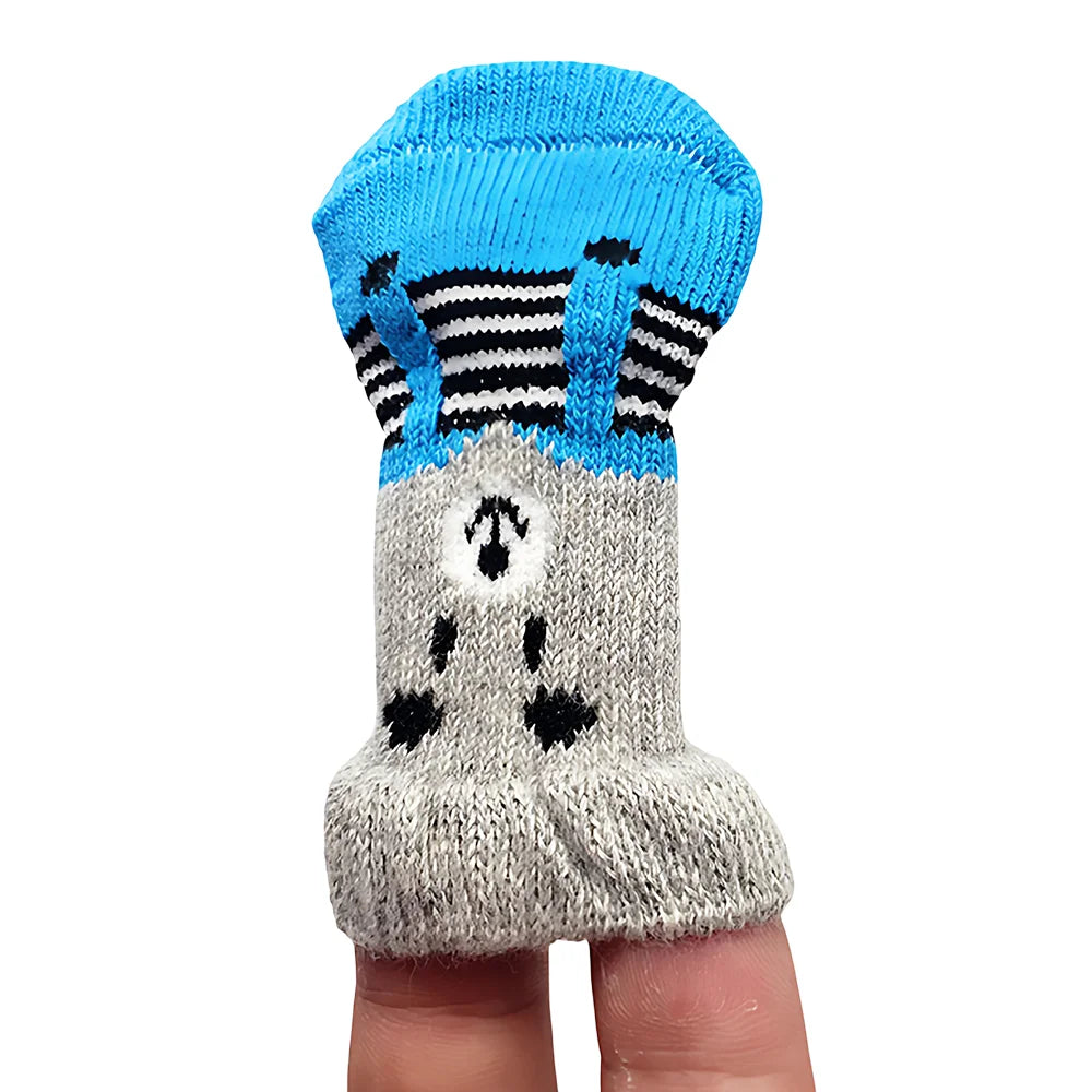 A pair of blue and gray anti-scratch cotton pet socks for small dogs or cats