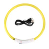 Yellow flexible LED dog collar with a USB charging connector and white battery housing