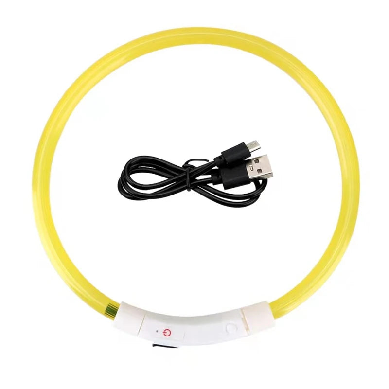 Yellow flexible LED dog collar with a USB charging connector and white battery housing