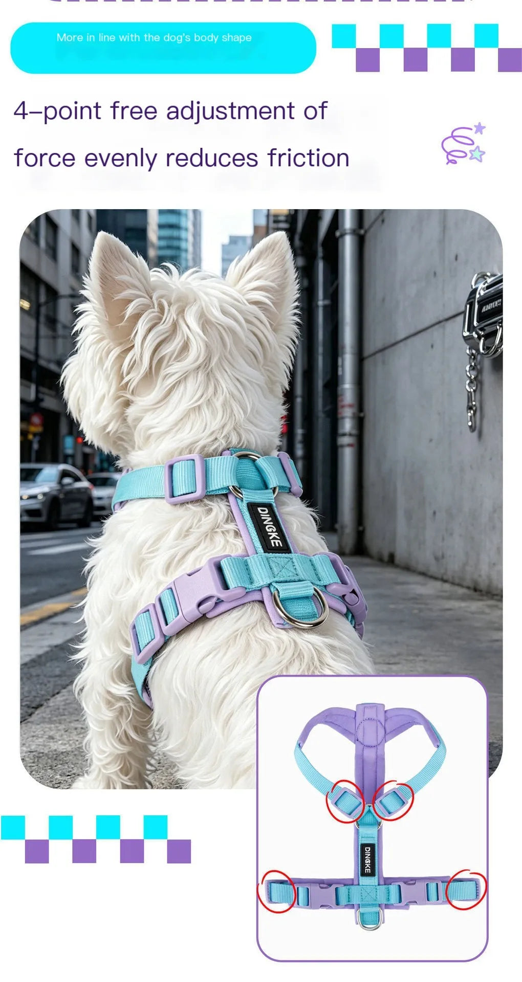 A light blue dog harness with purple accents and reflective strips is shown against a gray wall.