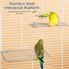 Stainless steel interactive platform for birds showing a yellow bird on a perch.