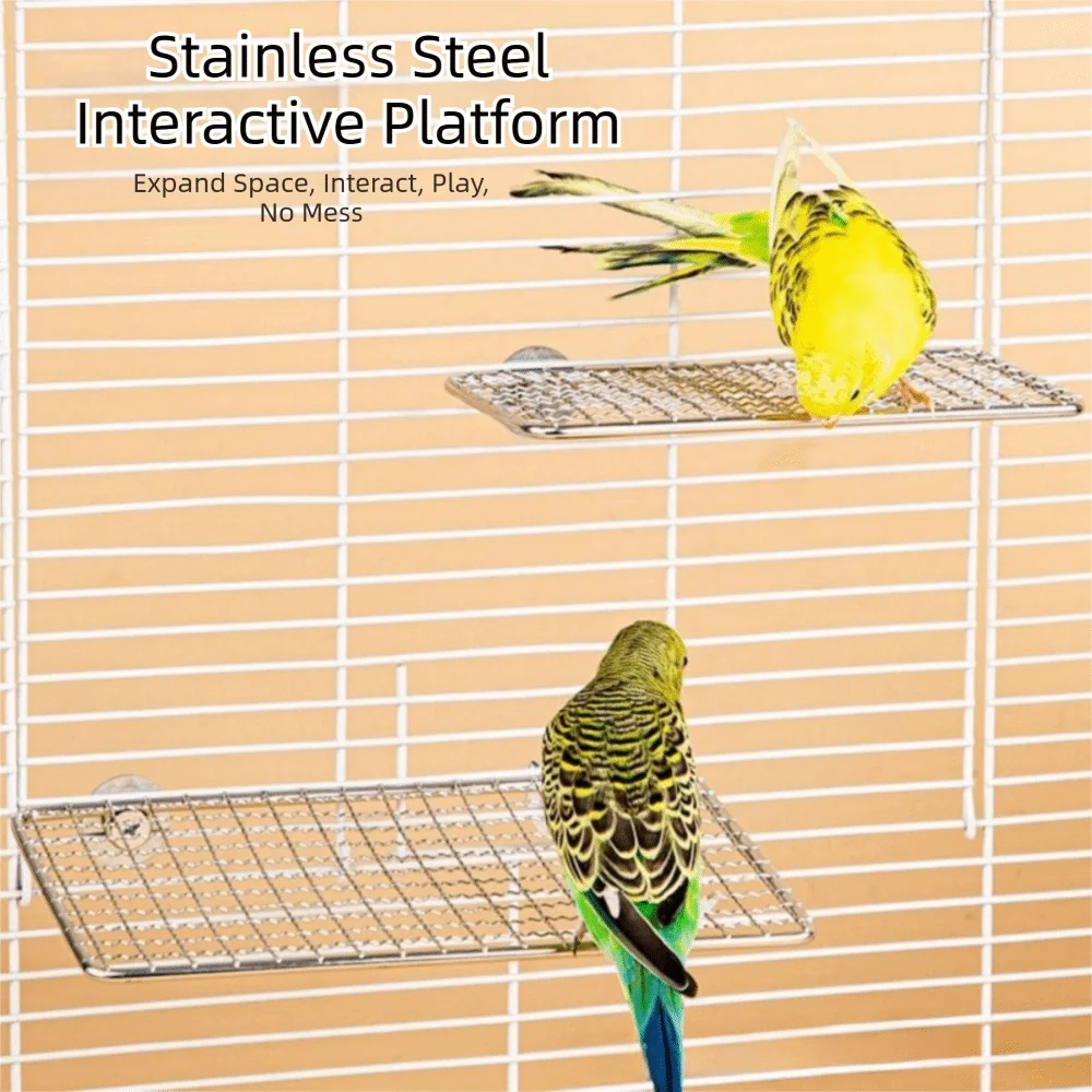 Stainless steel interactive platform for birds showing a yellow bird on a perch.
