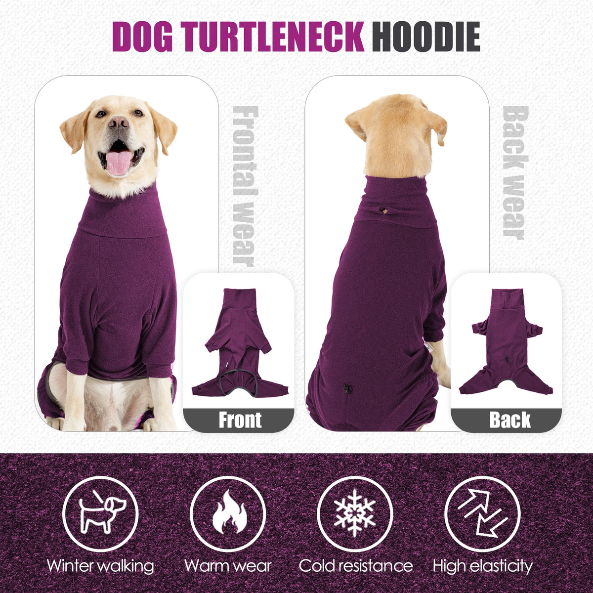 Purple dog turtleneck hoodie shown from the front and back, highlighting winter walking features.