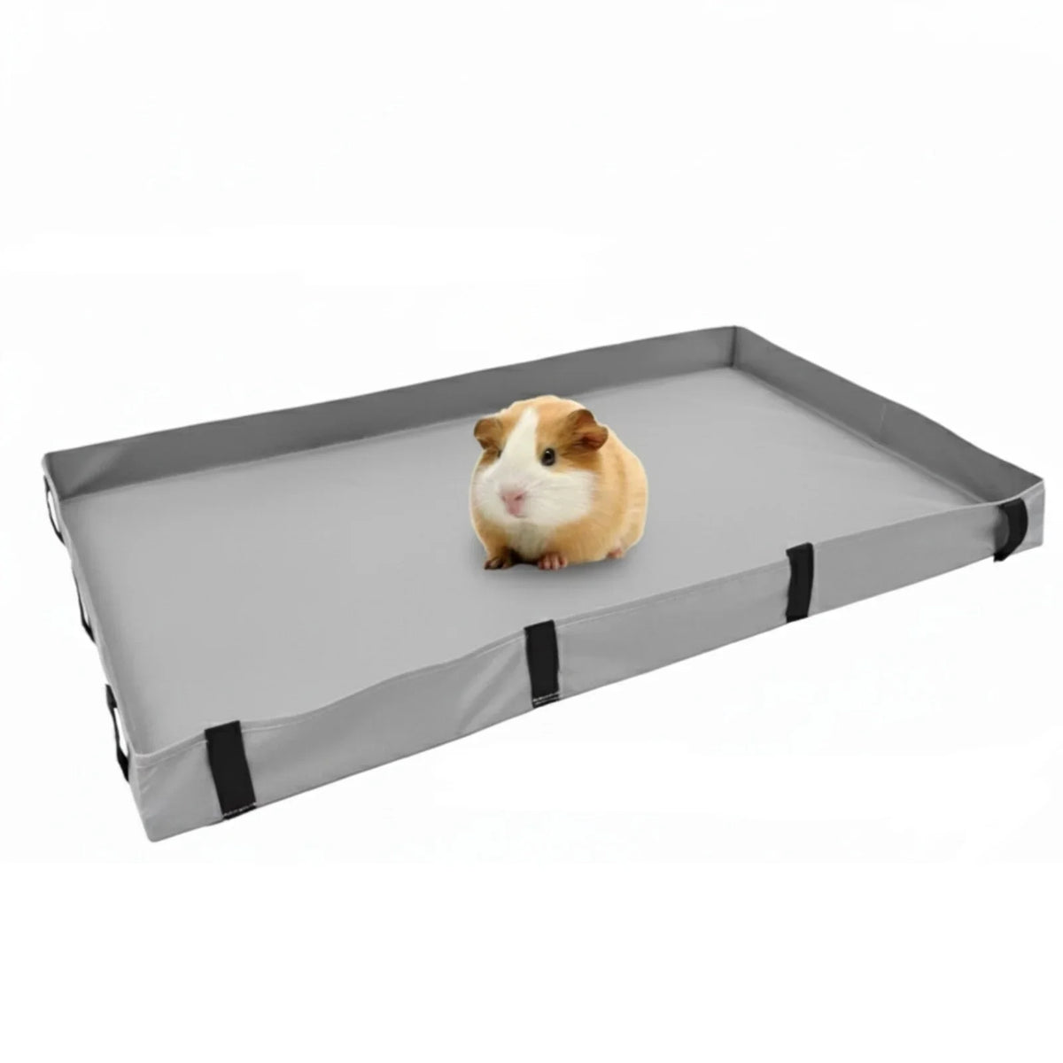 A gray PVC cage liner with black straps and a guinea pig resting inside.