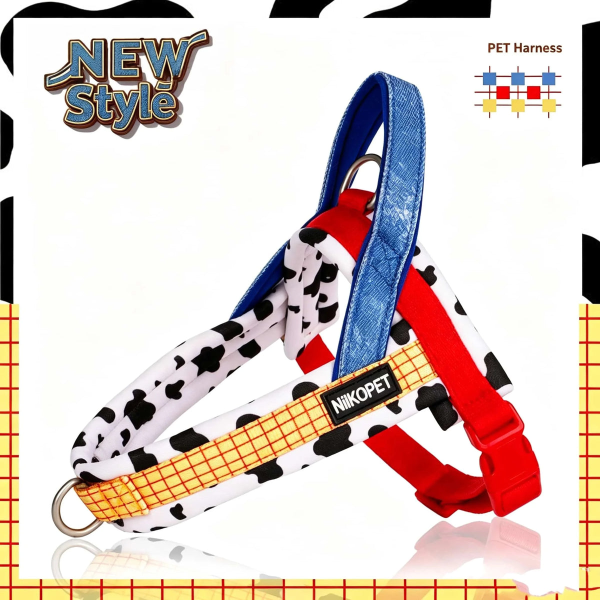 Harnais pour chien rouge et blanc à motifs avec sangles bleues sur fond blanc.