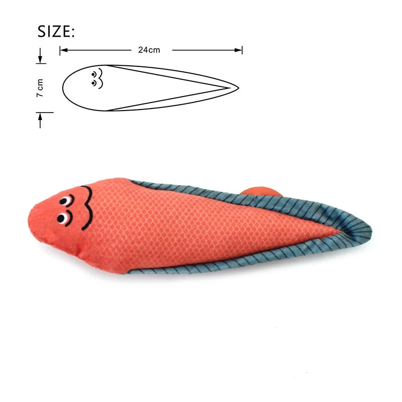 An orange, elongated fish-shaped plush toy with a blue trim and a cat face design.