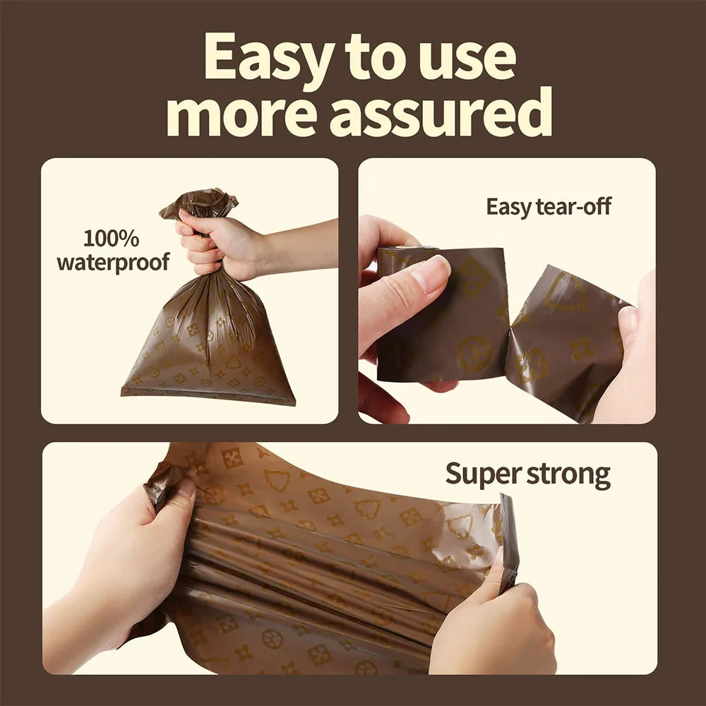 Hands demonstrate the easy tear-off and strong durability of brown biodegradable dog poop bags.