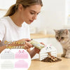 A woman is demonstrating a reusable cat treat squeezer with various shaped food pouches for cats.