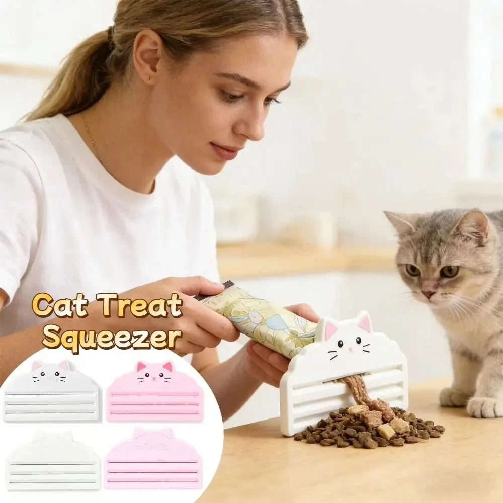 A woman is demonstrating a reusable cat treat squeezer with various shaped food pouches for cats.