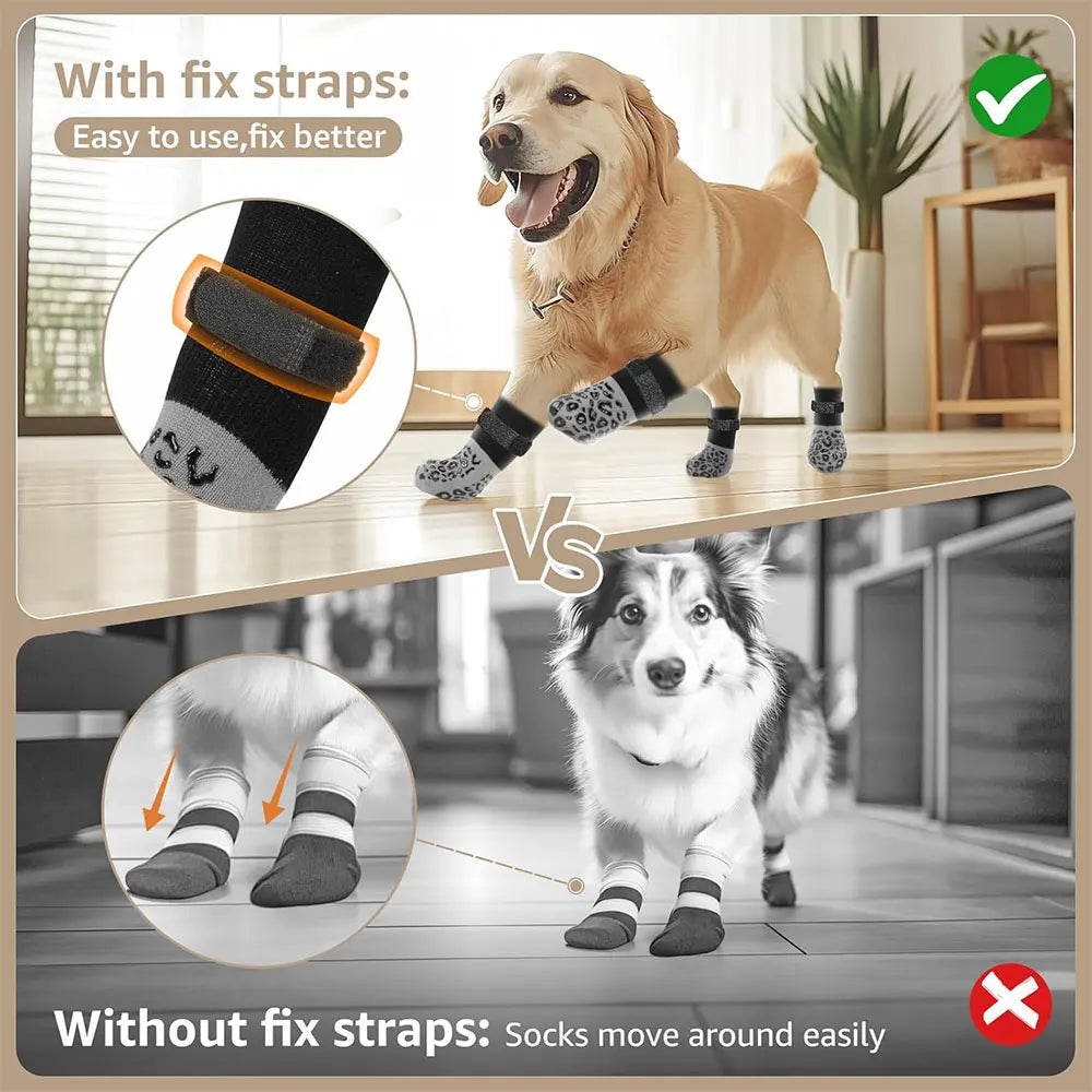 Comparison showing anti-slip dog socks with fix straps versus socks without fix straps for paw protection