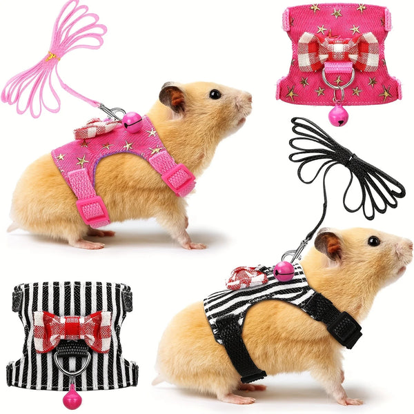 A set of pink and black hamster harness and leash for walking.