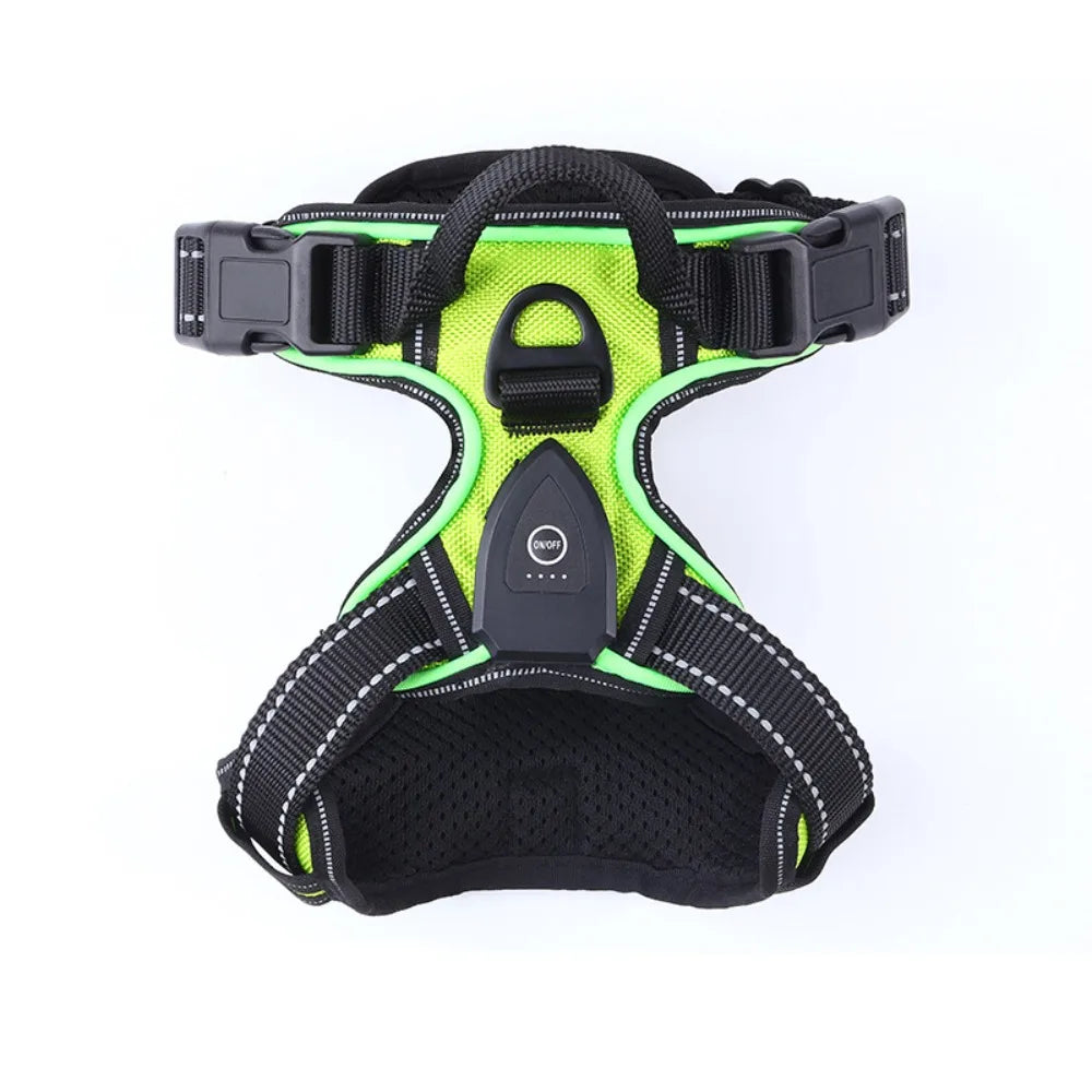 A black and neon yellow LED dog harness with reflective strips shown against a white background.