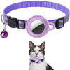 A purple smart cat collar with a silver AirTag holder and breakaway buckle, shown next to a cat.